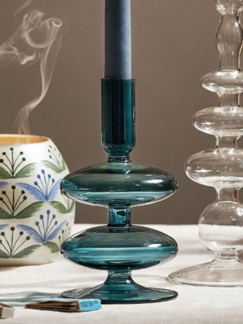 Anthropologie Delaney Teal Stacked Glass Candle Holder